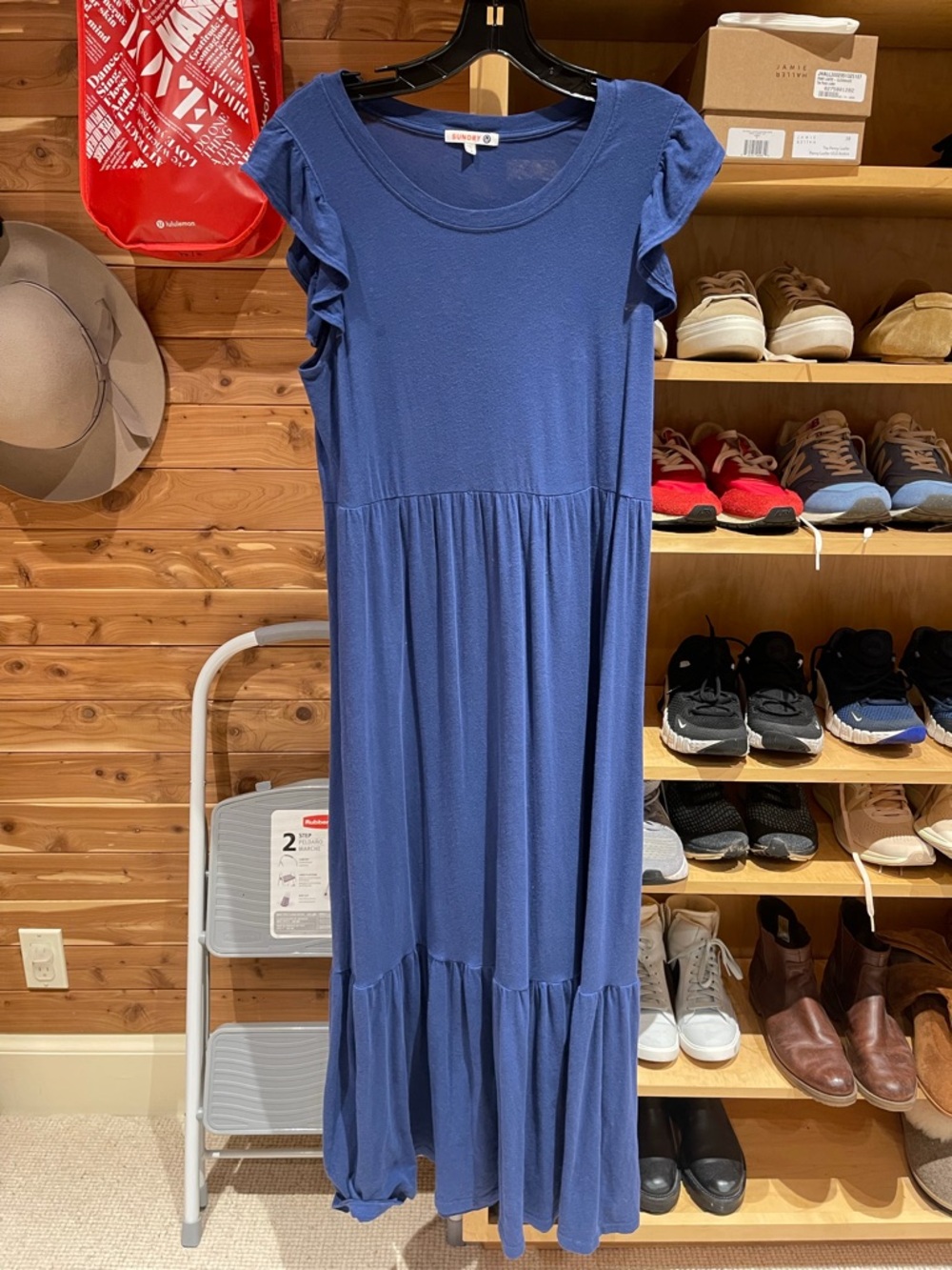 Sundry Blue Midi Dress with Ruffle Sleeves